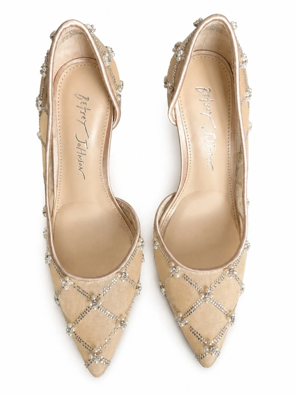 Betsey Johnson Cruze Rhinestone Pearl Mesh Pumps Nude Heels Size 6.5 W/Box